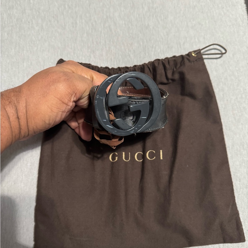 Gucci Black Monogram Belt with Brown Pouch